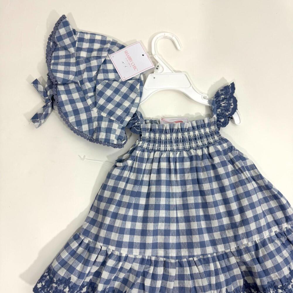 Shabby Chic Baby Girl Size 3-6M Blue Gingham Print Sun Dress Matching Hat Set - Picture 9 of 9